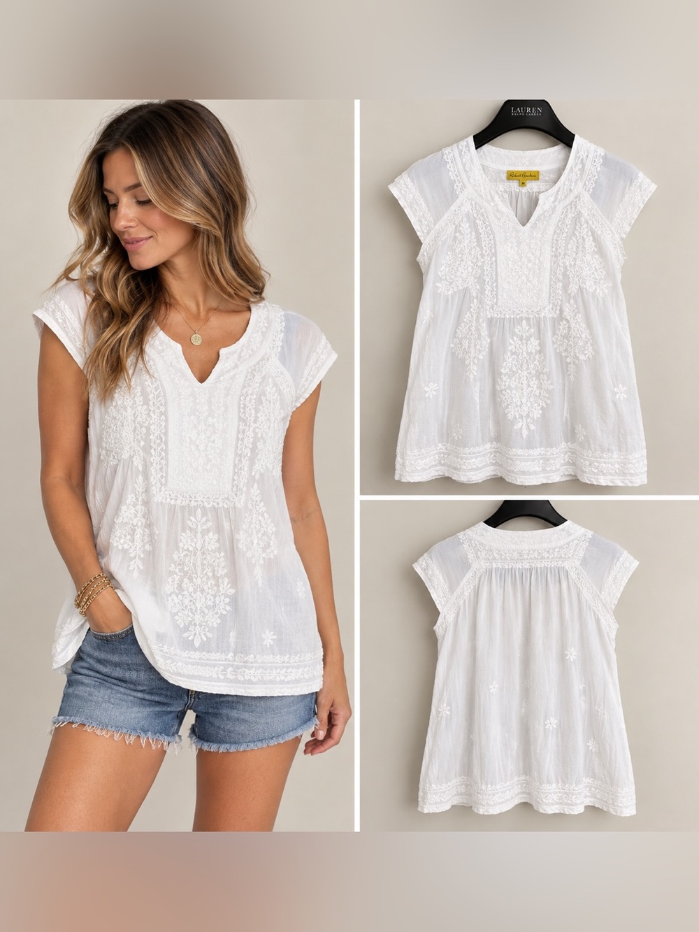 Roberta Roller Rabbit White Embroidered Boho Tunic Top M